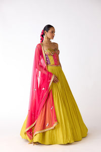 LIME MIRROR EMBROIDERED CORSET AND LEHENGA SET | Nishly Fashion House
