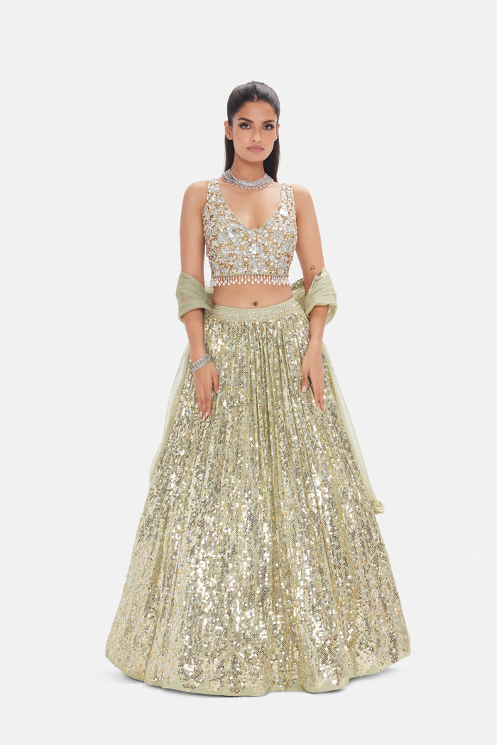 PISTA GREEN SEQUINS EMBROIDERED LEHENGA SET