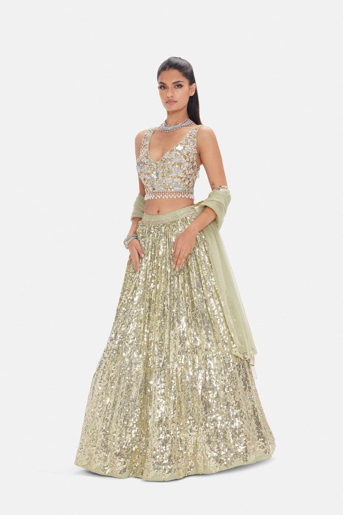 PISTA GREEN SEQUINS EMBROIDERED LEHENGA SET