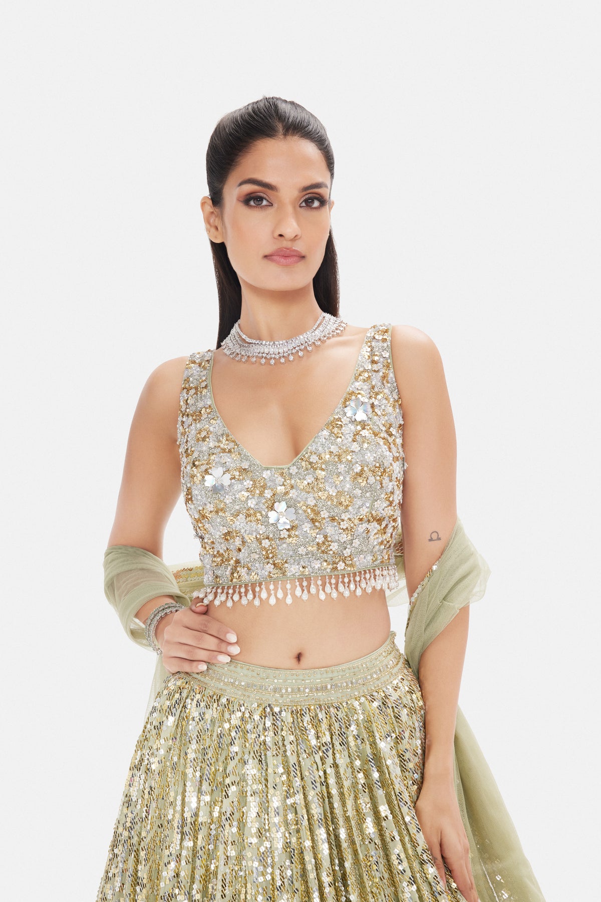 PISTA GREEN SEQUINS EMBROIDERED LEHENGA SET