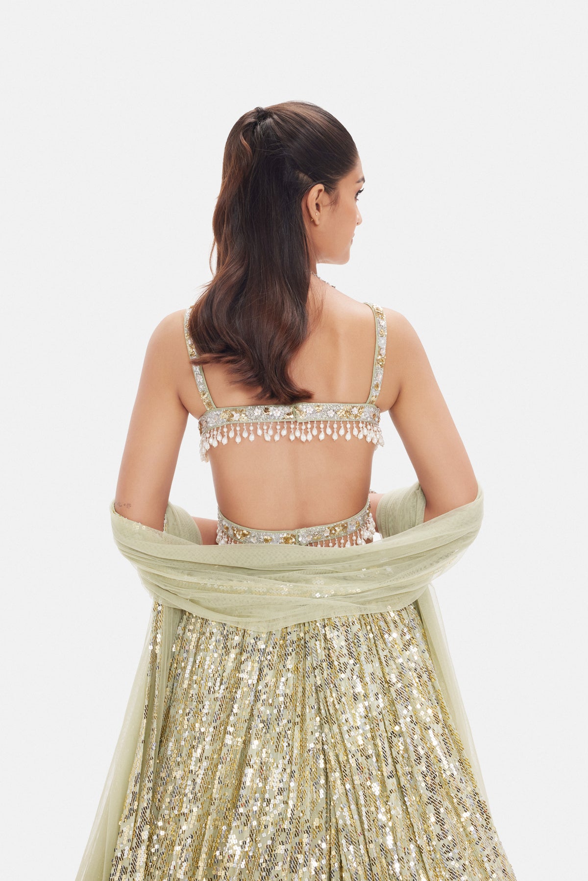 PISTA GREEN SEQUINS EMBROIDERED LEHENGA SET