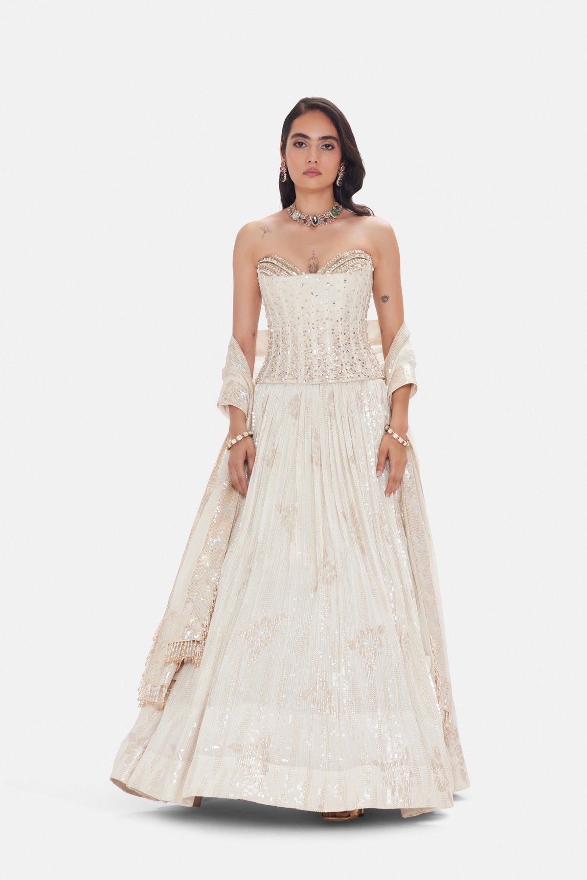 IVORY SEQUINS EMBROIDERED GEORGETTE CORSET LEHENGA SET