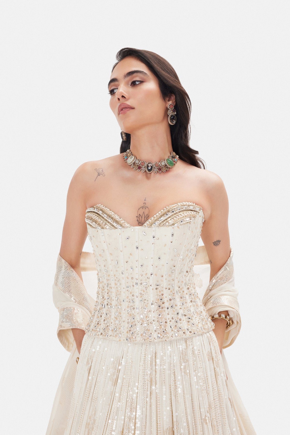 IVORY SEQUINS EMBROIDERED GEORGETTE CORSET LEHENGA SET
