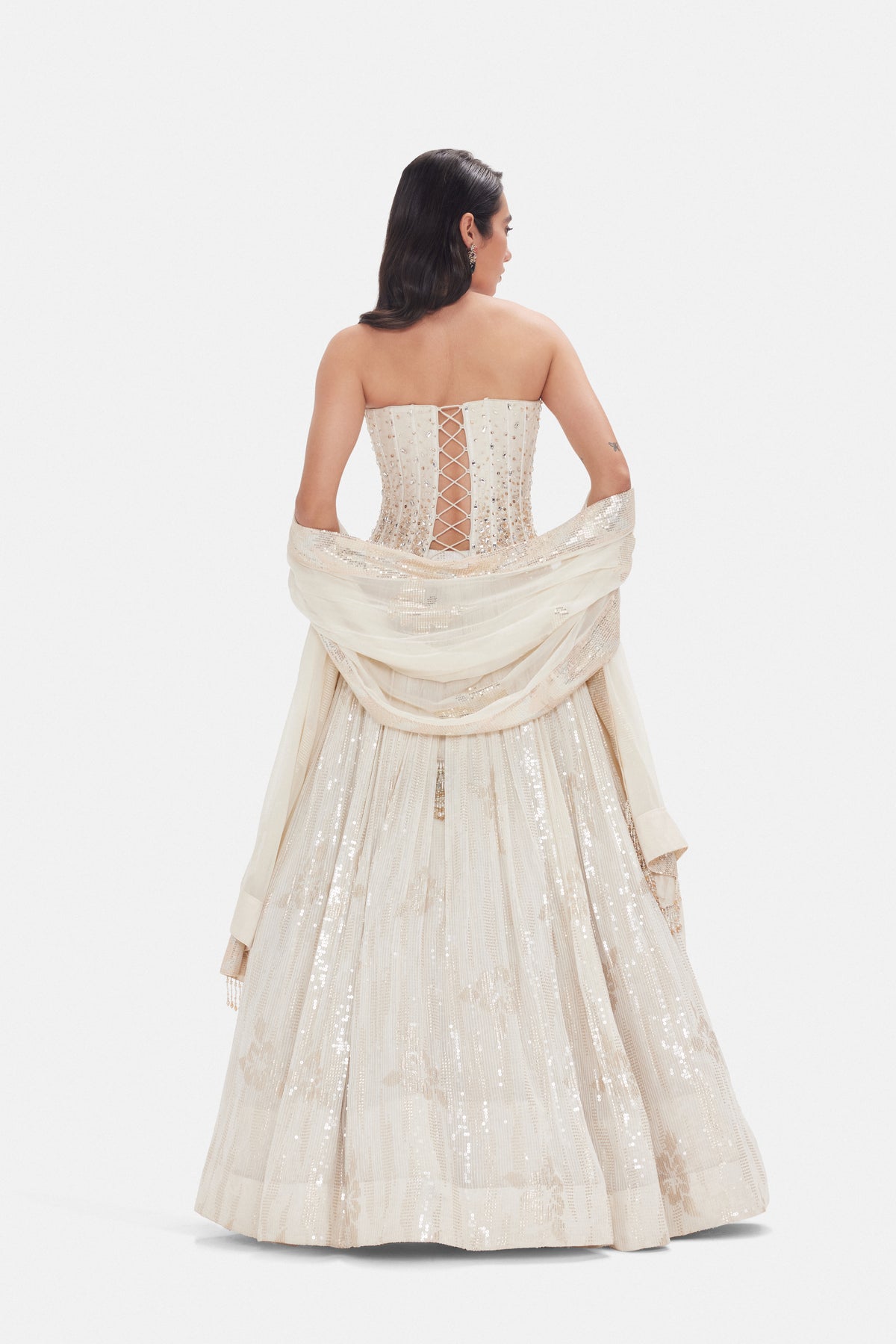 IVORY SEQUINS EMBROIDERED GEORGETTE CORSET LEHENGA SET