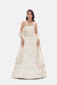 IVORY SEQUINS EMBROIDERED GEORGETTE CORSET LEHENGA SET