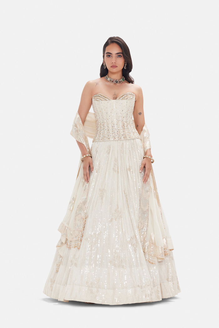 IVORY SEQUINS EMBROIDERED GEORGETTE CORSET LEHENGA SET