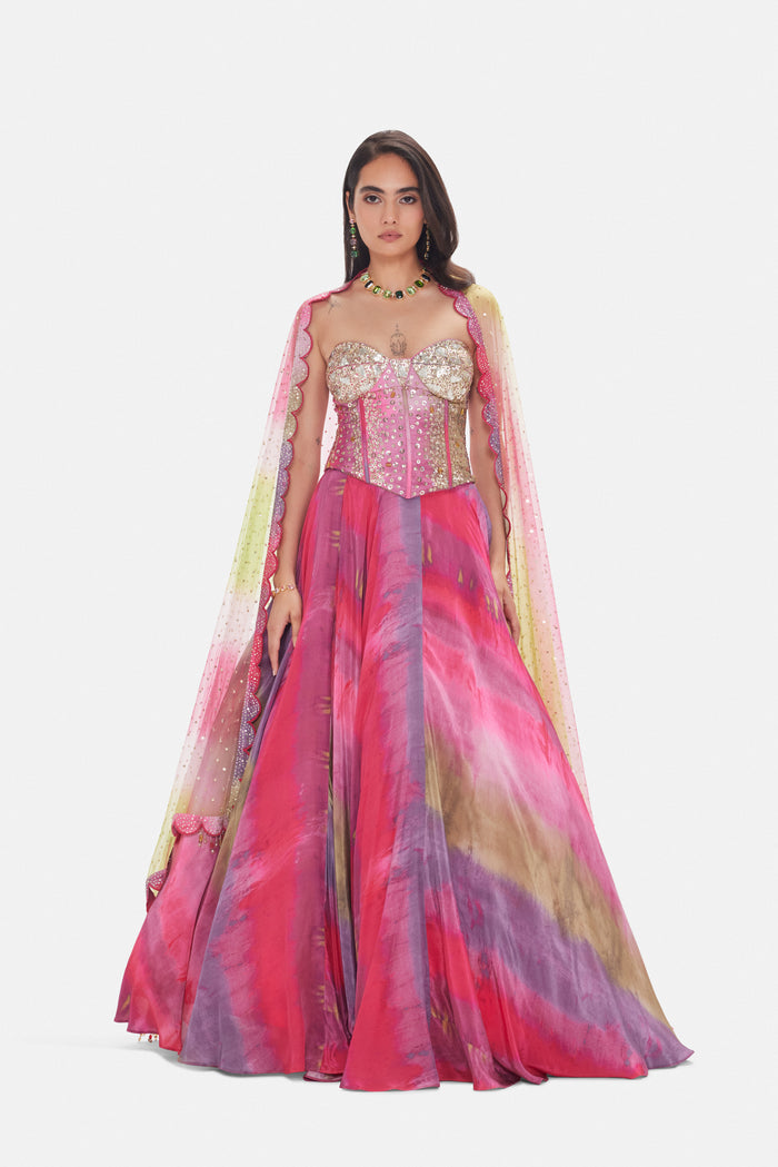 MULTICOLOR HAND EMBROIDERED LEHENGA WITH SCULPTED CORSET