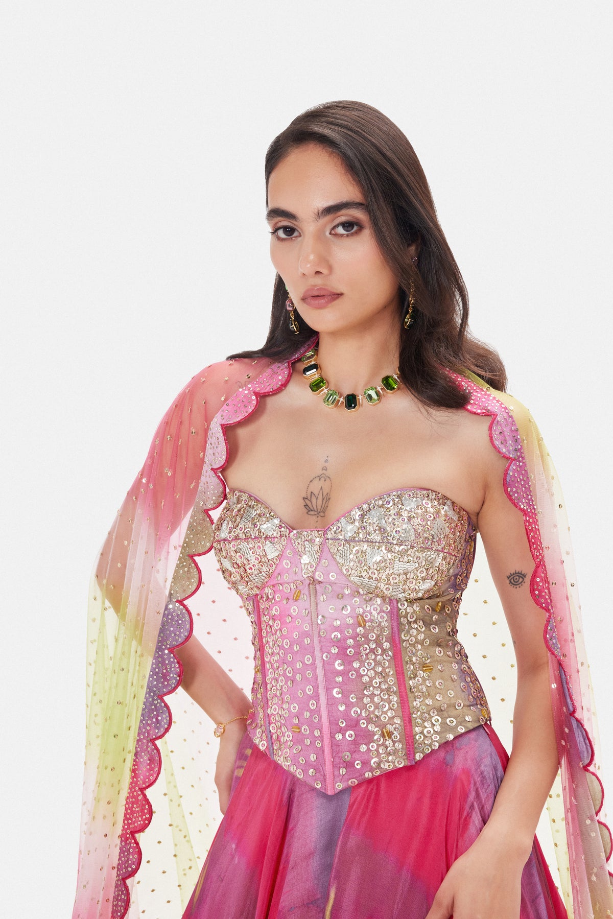 MULTICOLOR HAND EMBROIDERED LEHENGA WITH SCULPTED CORSET