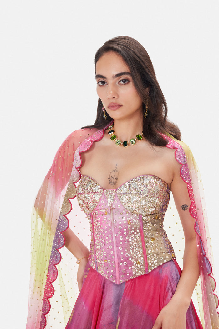 MULTICOLOR HAND EMBROIDERED LEHENGA WITH SCULPTED CORSET