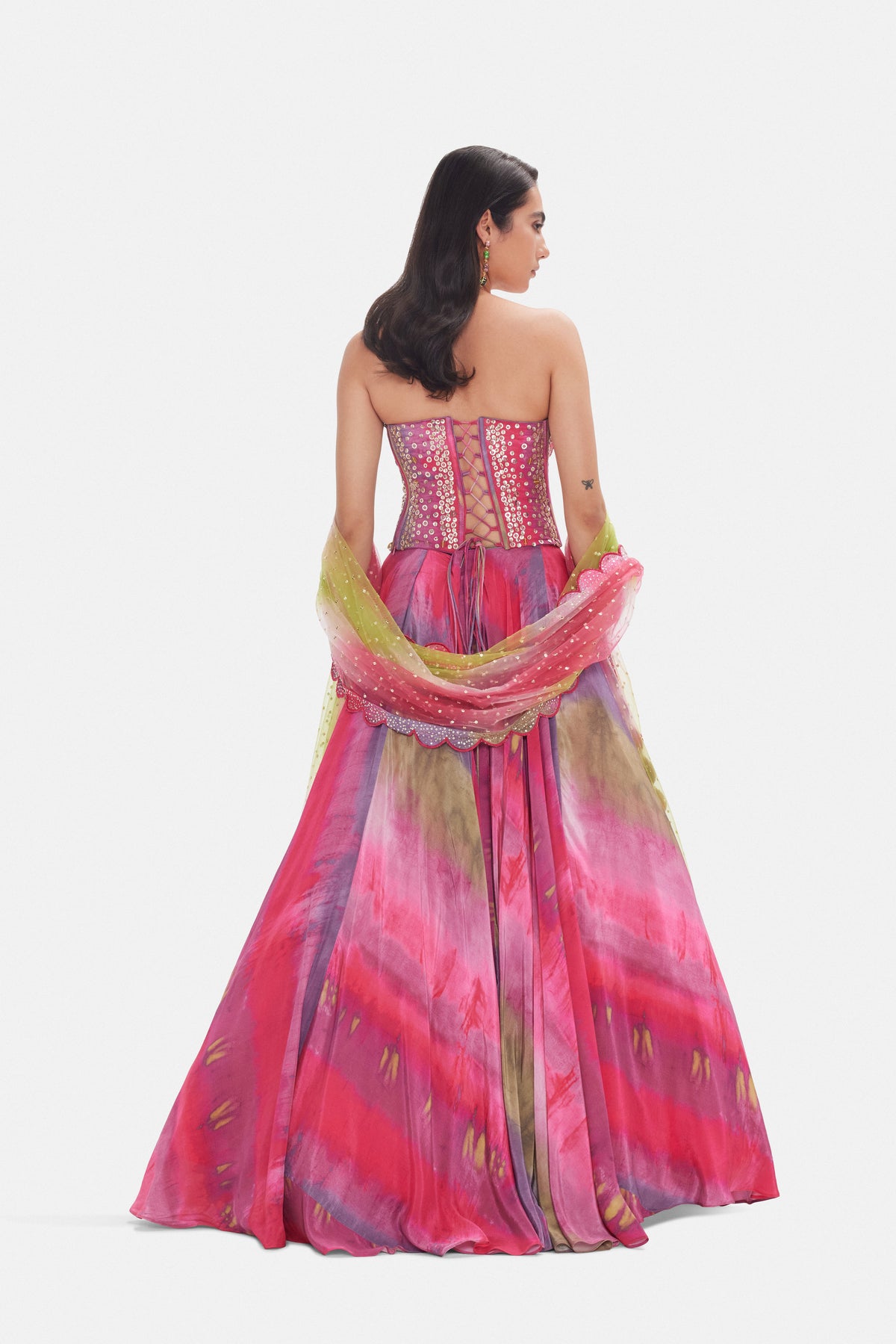 MULTICOLOR HAND EMBROIDERED LEHENGA WITH SCULPTED CORSET