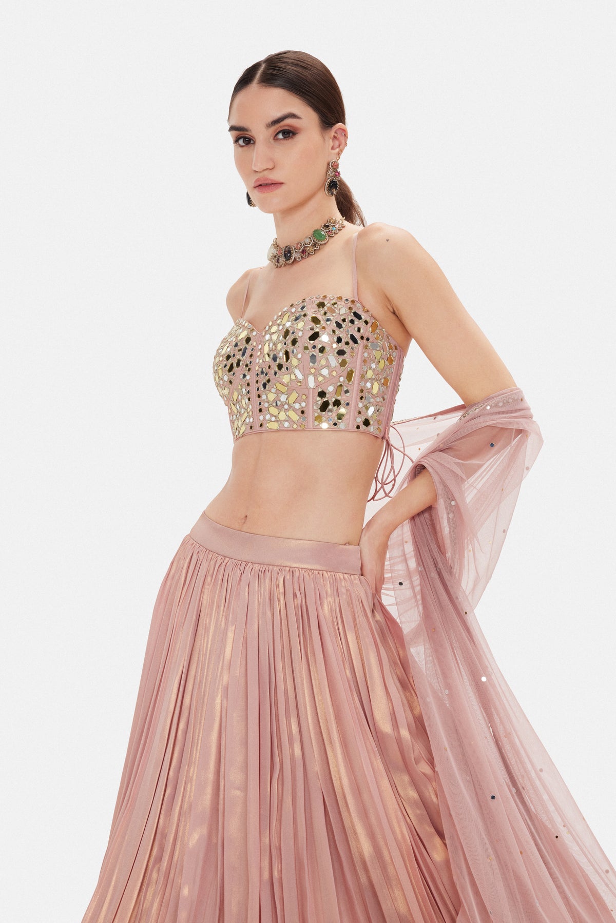 PASTEL PINK MIRROR EMBROIDERED LEHENGA SET
