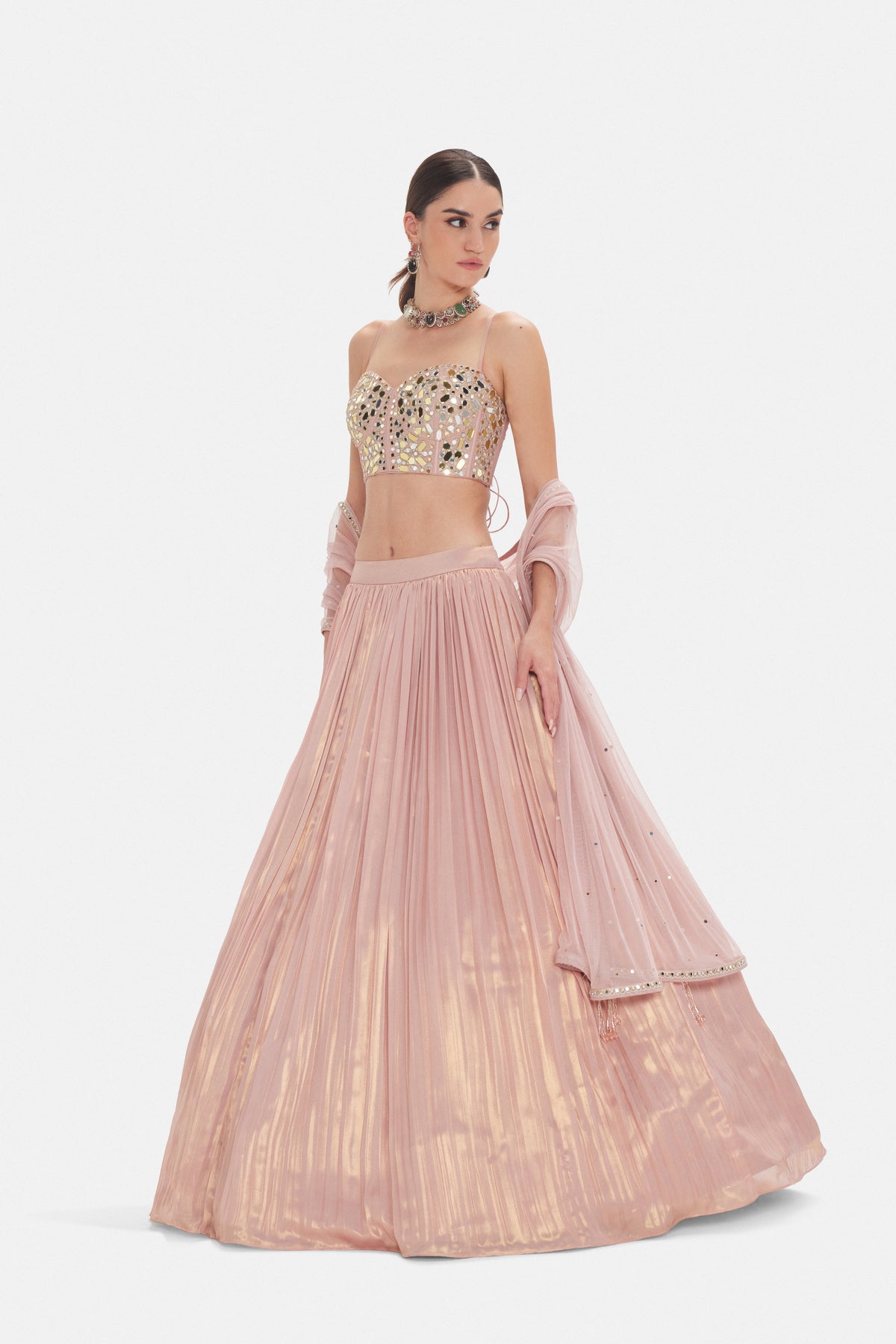 PASTEL PINK MIRROR EMBROIDERED LEHENGA SET