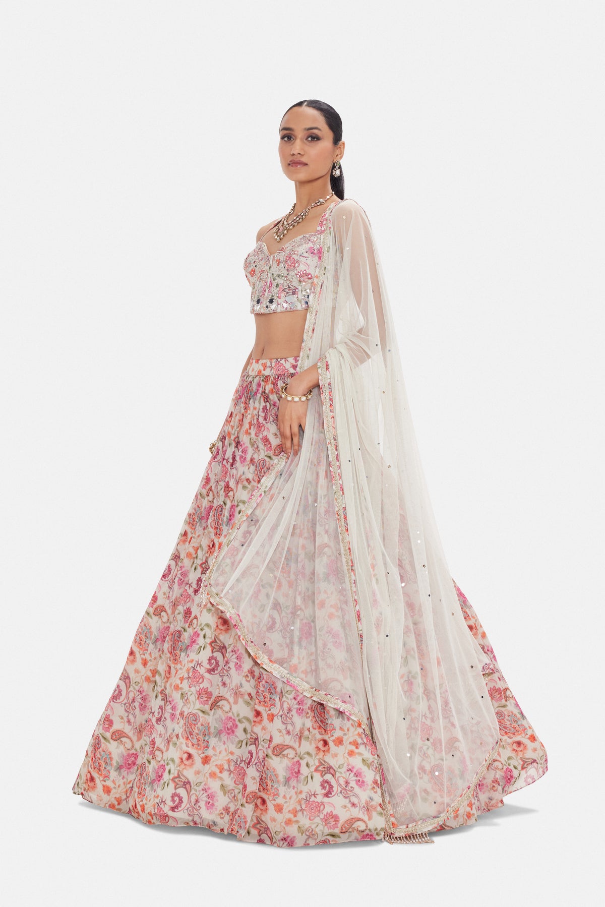 PINK FLORAL MIRROR EMBROIDERED LEHENGA CHOLI