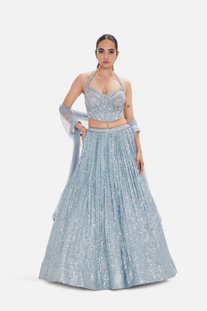 BLUE HALTER NECK CORSET EMBELLISHED LEHENGA SET