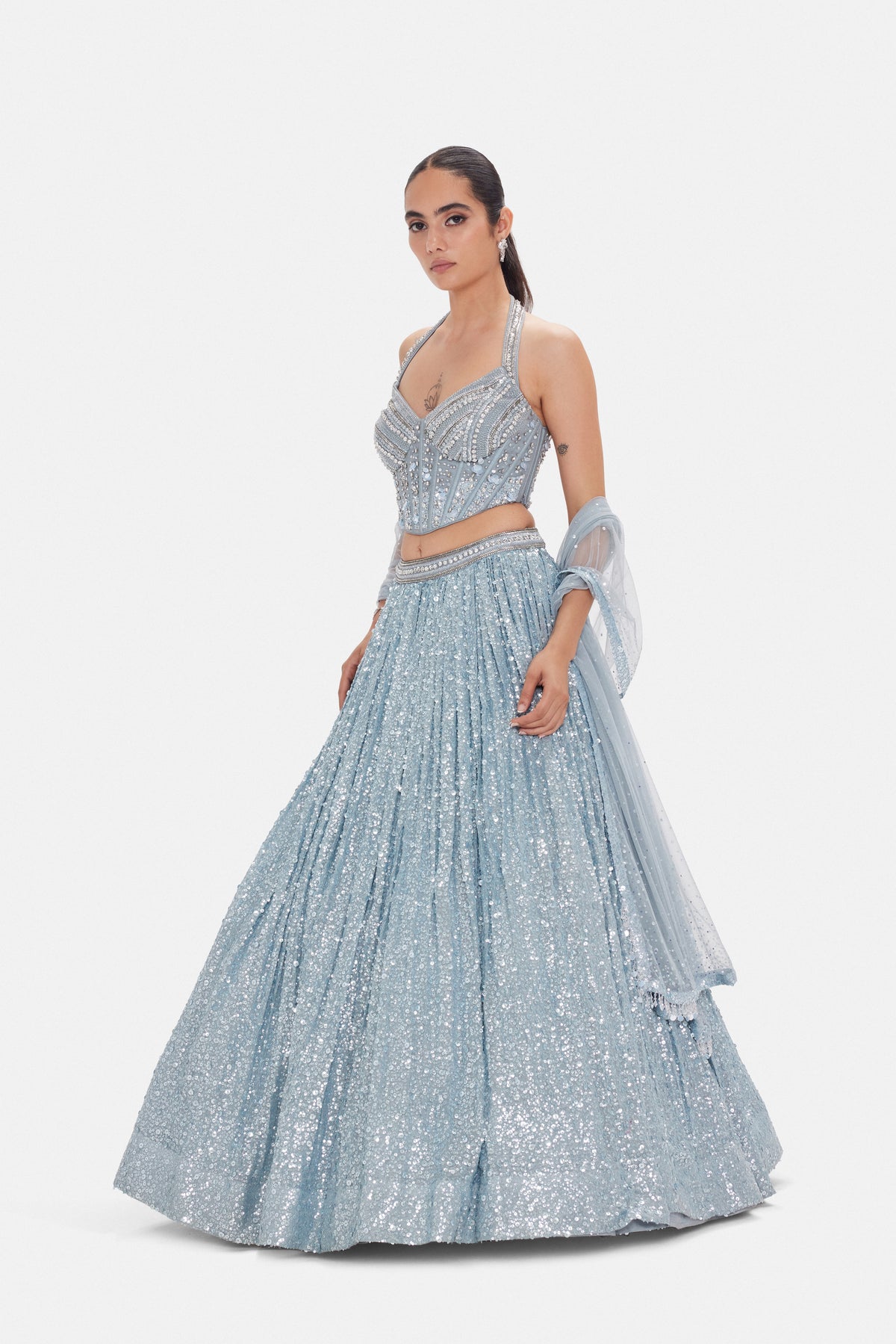 BLUE HALTER NECK CORSET EMBELLISHED LEHENGA SET