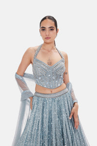 BLUE HALTER NECK CORSET EMBELLISHED LEHENGA SET