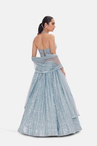 BLUE HALTER NECK CORSET EMBELLISHED LEHENGA SET