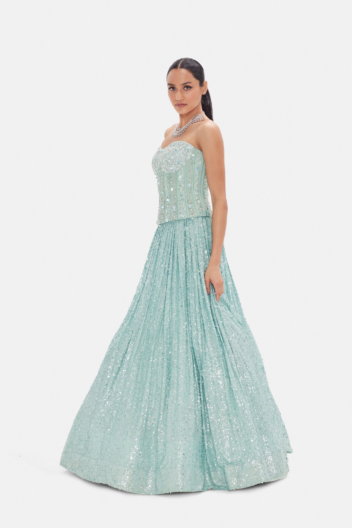 SEA GREEN CORSET LEHENGA SET WITH SEQUINS EMBROIDERY