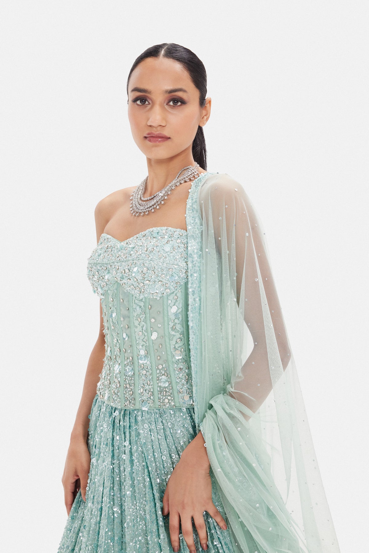 SEA GREEN CORSET LEHENGA SET WITH SEQUINS EMBROIDERY