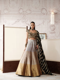 BLACK AND GOLD EMBROIDERED TISSUE SILK LEHENGA SET