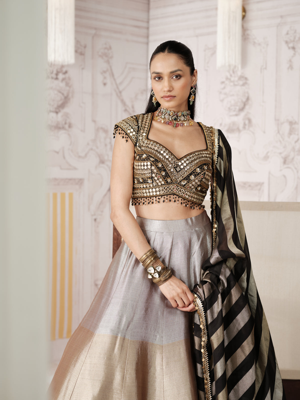 BLACK AND GOLD EMBROIDERED TISSUE SILK LEHENGA SET