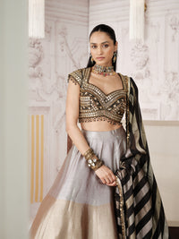 BLACK AND GOLD EMBROIDERED TISSUE SILK LEHENGA SET