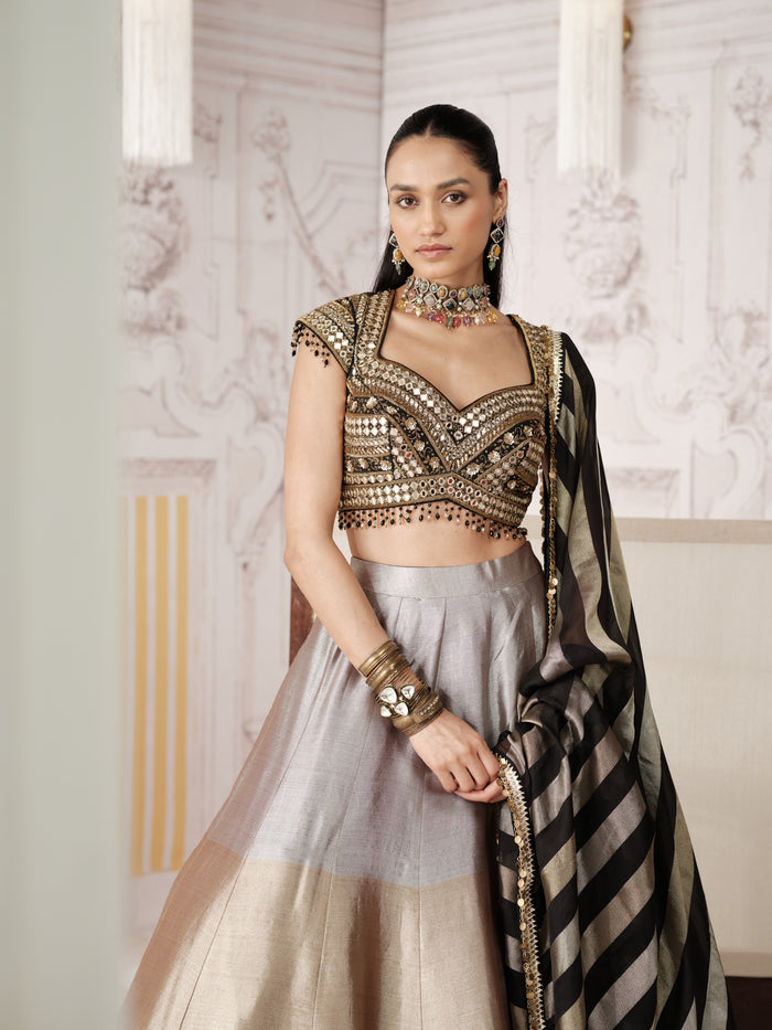 BLACK AND GOLD EMBROIDERED TISSUE SILK LEHENGA SET