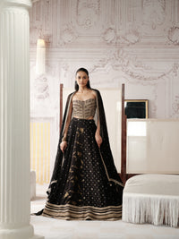 Black And Gold Banarasi lehenga choli featuring intricate gold embroidery, delicate motifs and a richly detailed border, paired with a matching embellished dupatta.