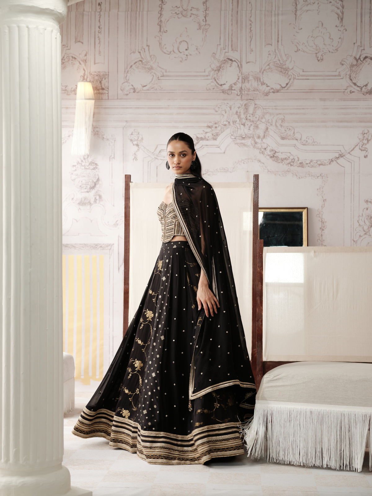 BLACK AND GOLD BANARASI EMBROIDERED CORSET LEHENGA SET