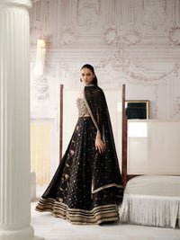 BLACK AND GOLD BANARASI EMBROIDERED CORSET LEHENGA SET