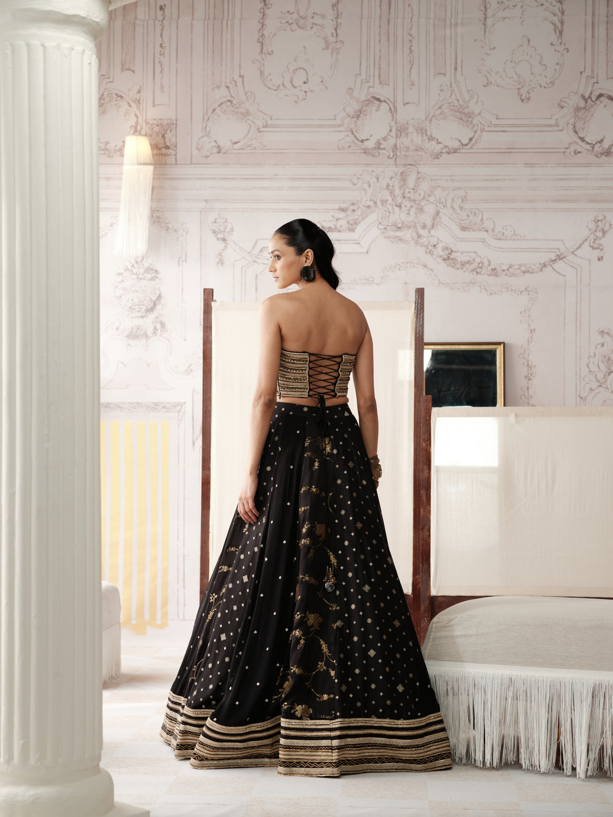 BLACK AND GOLD BANARASI EMBROIDERED CORSET LEHENGA SET