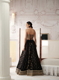 BLACK AND GOLD BANARASI EMBROIDERED CORSET LEHENGA SET