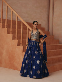 COBALT BLUE BANARASI EMBROIDERED GEORGETTE LEHENGA CHOLI SET