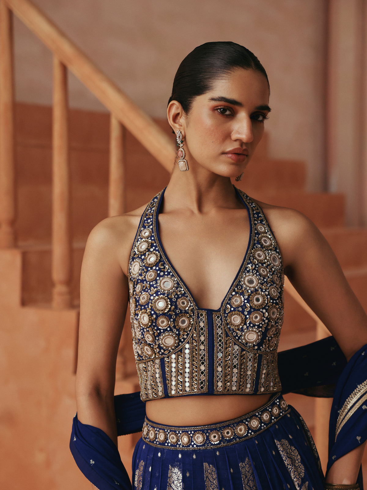 COBALT BLUE BANARASI EMBROIDERED GEORGETTE LEHENGA CHOLI SET