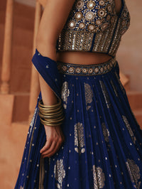 COBALT BLUE BANARASI EMBROIDERED GEORGETTE LEHENGA CHOLI SET