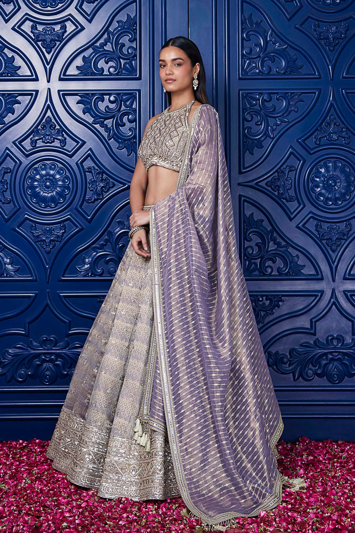 MAUVE TISSUE EMBROIDERED LEHENGA SET