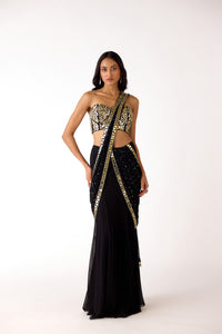 BLACK GEORGETTE MIRROR EMBROIDERED SAREE SET