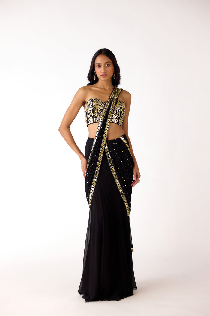 BLACK GEORGETTE MIRROR EMBROIDERED SAREE SET