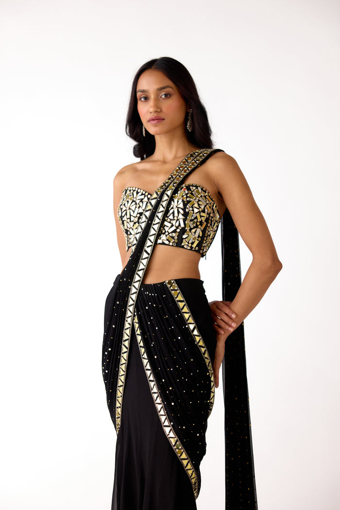 BLACK GEORGETTE MIRROR EMBROIDERED SAREE SET