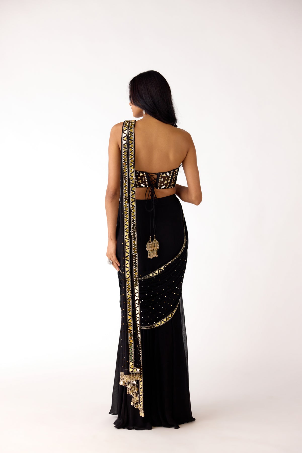 BLACK GEORGETTE MIRROR EMBROIDERED SAREE SET