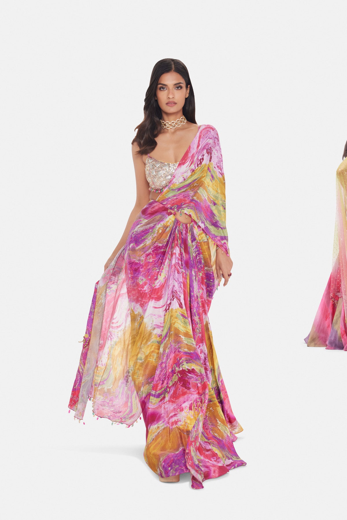 MULTICOLOR CARNIVAL PRINT READY SAREE WITH DRAPE