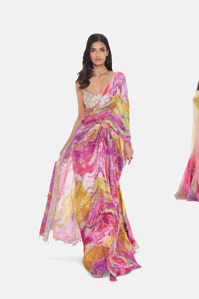 MULTICOLOR CARNIVAL PRINT READY SAREE WITH DRAPE