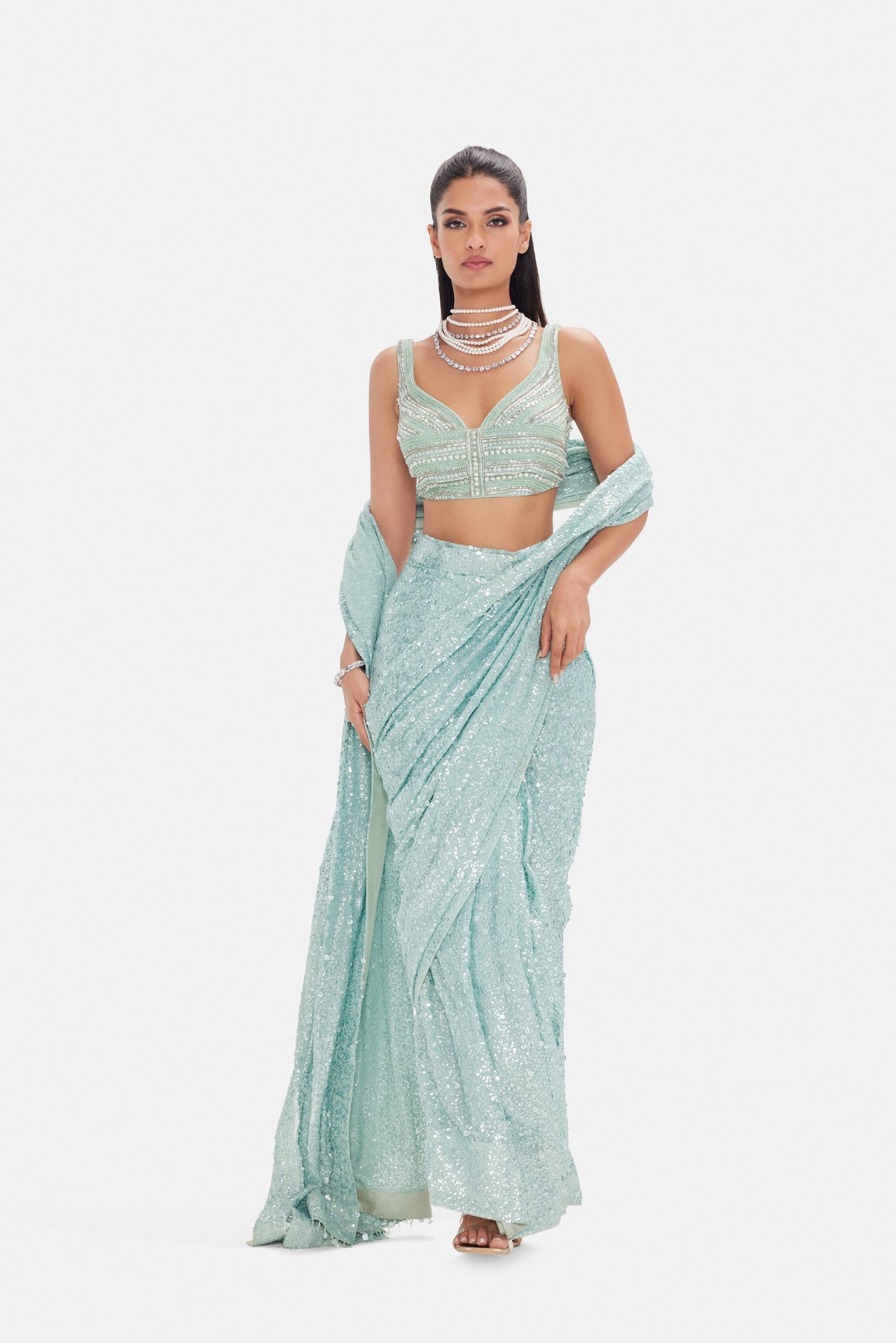 SEA GREEN PRE DRAPED SEQUINS SAREE SET