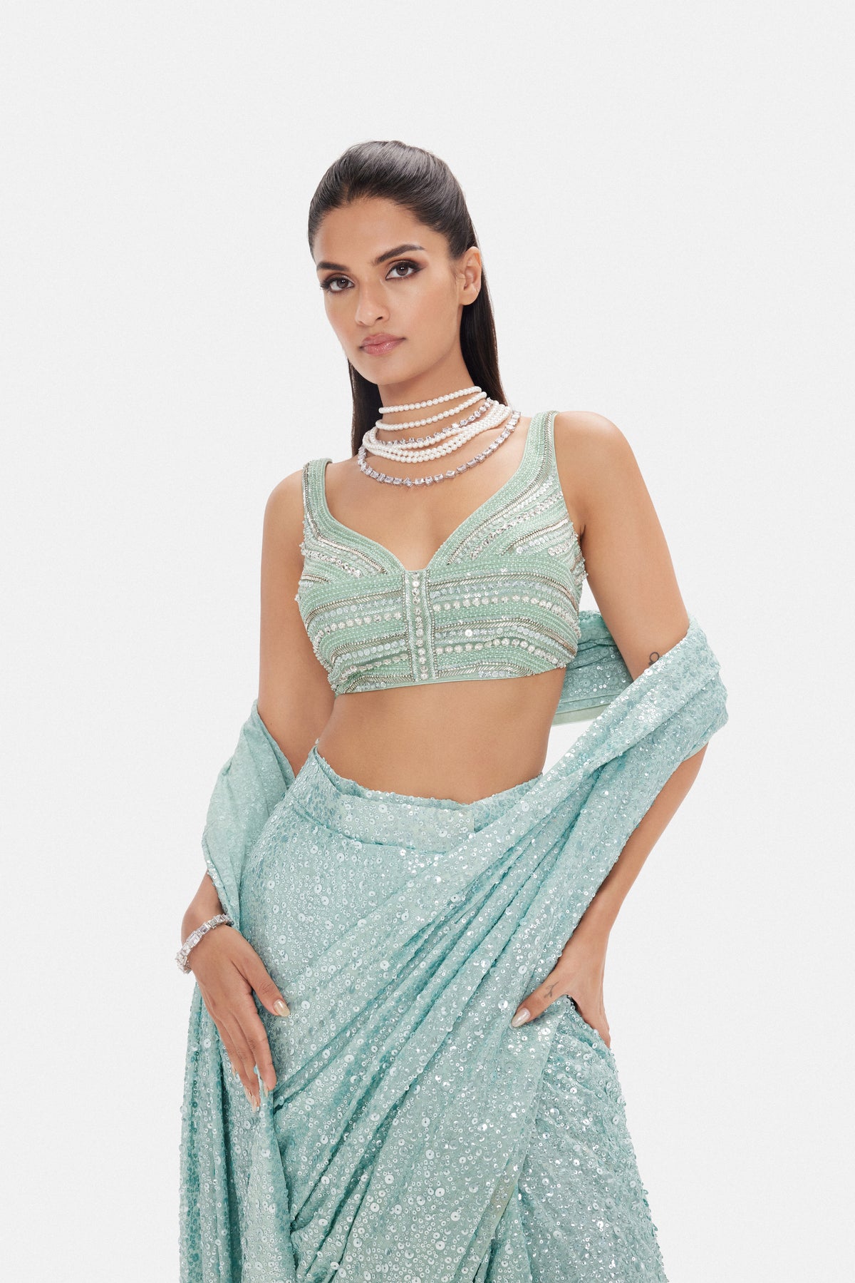 SEA GREEN PRE DRAPED SEQUINS SAREE SET