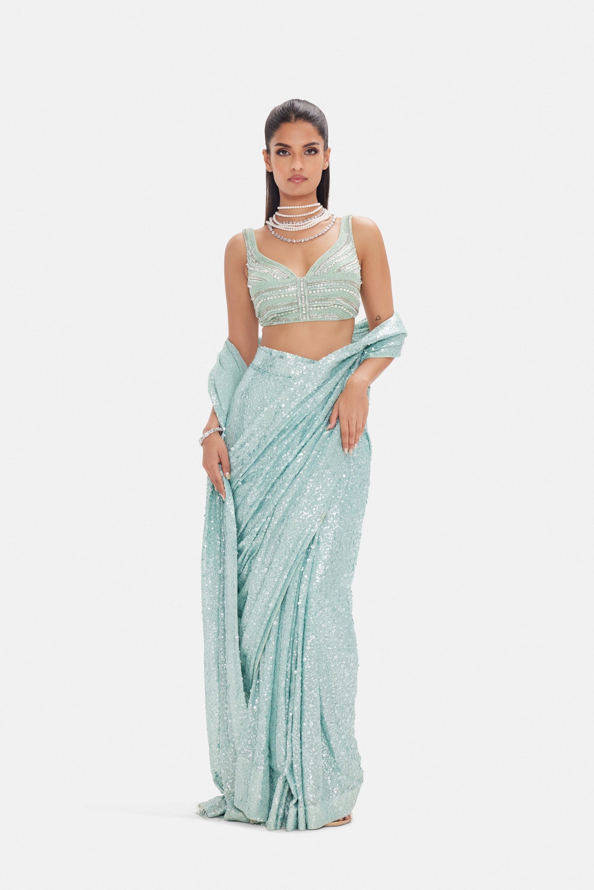 SEA GREEN PRE DRAPED SEQUINS SAREE SET
