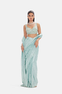 SEA GREEN PRE DRAPED SEQUINS SAREE SET