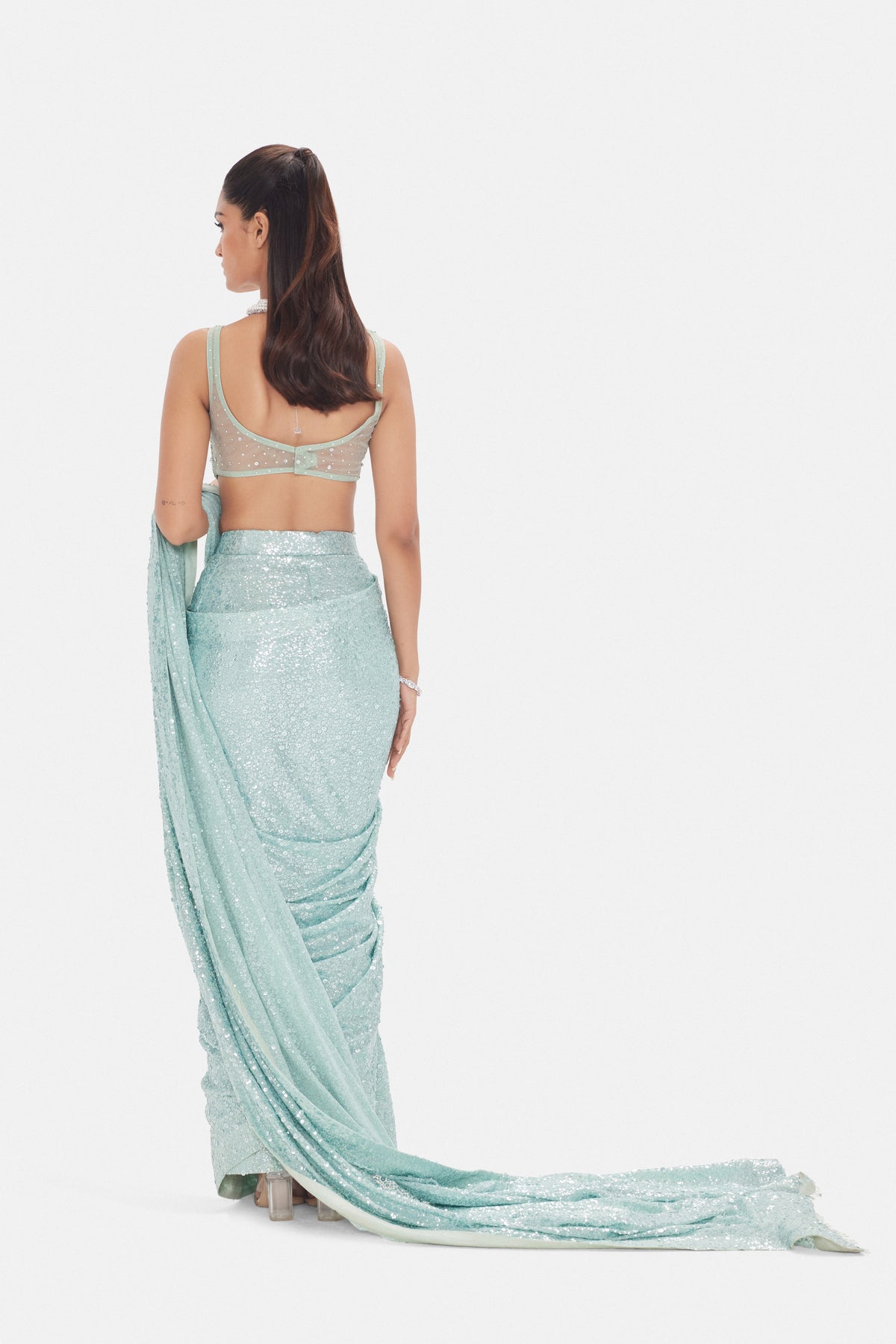 SEA GREEN PRE DRAPED SEQUINS SAREE SET