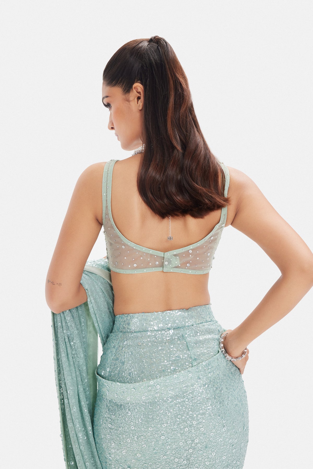 SEA GREEN PRE DRAPED SEQUINS SAREE SET