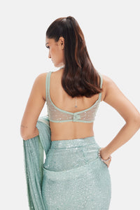 SEA GREEN PRE DRAPED SEQUINS SAREE SET