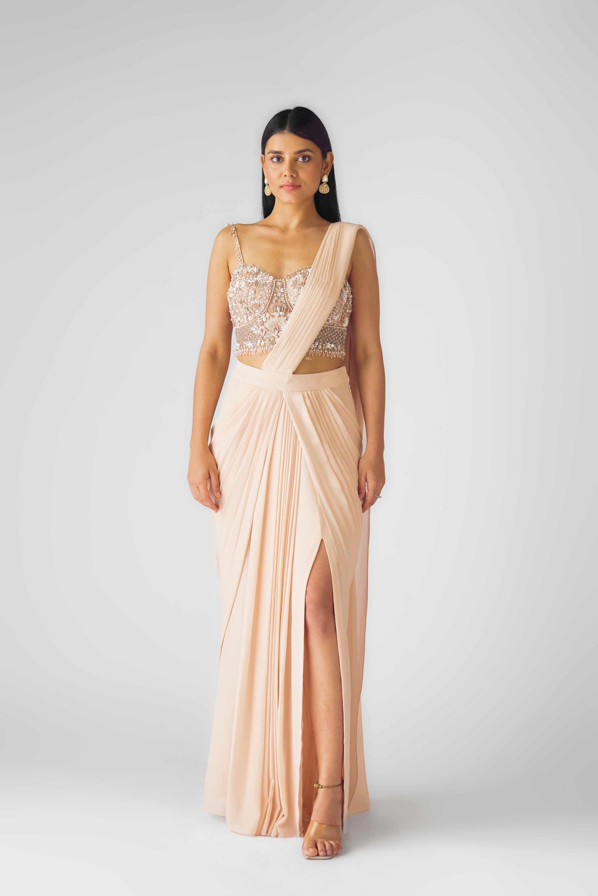 PEACH PRE STITCHED DRAPED SAREE